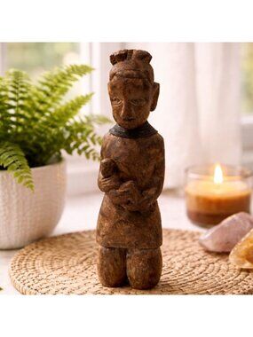 Vintage Hand-Carved Tribal Figurine Of Mother & Child Brown Wood 7" Tall